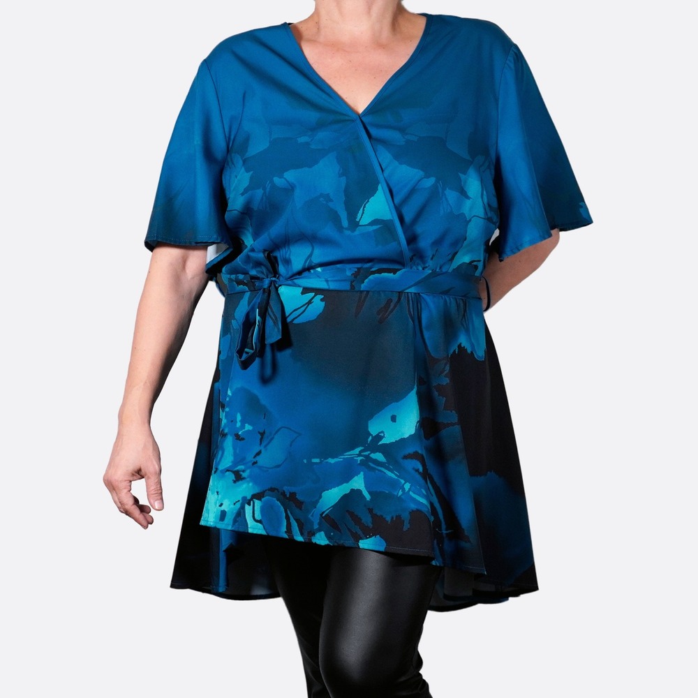Whimsigoth Teal Floral High-Low Wrap Tunic Top Romantic Plus Size 2X XXL Blouse